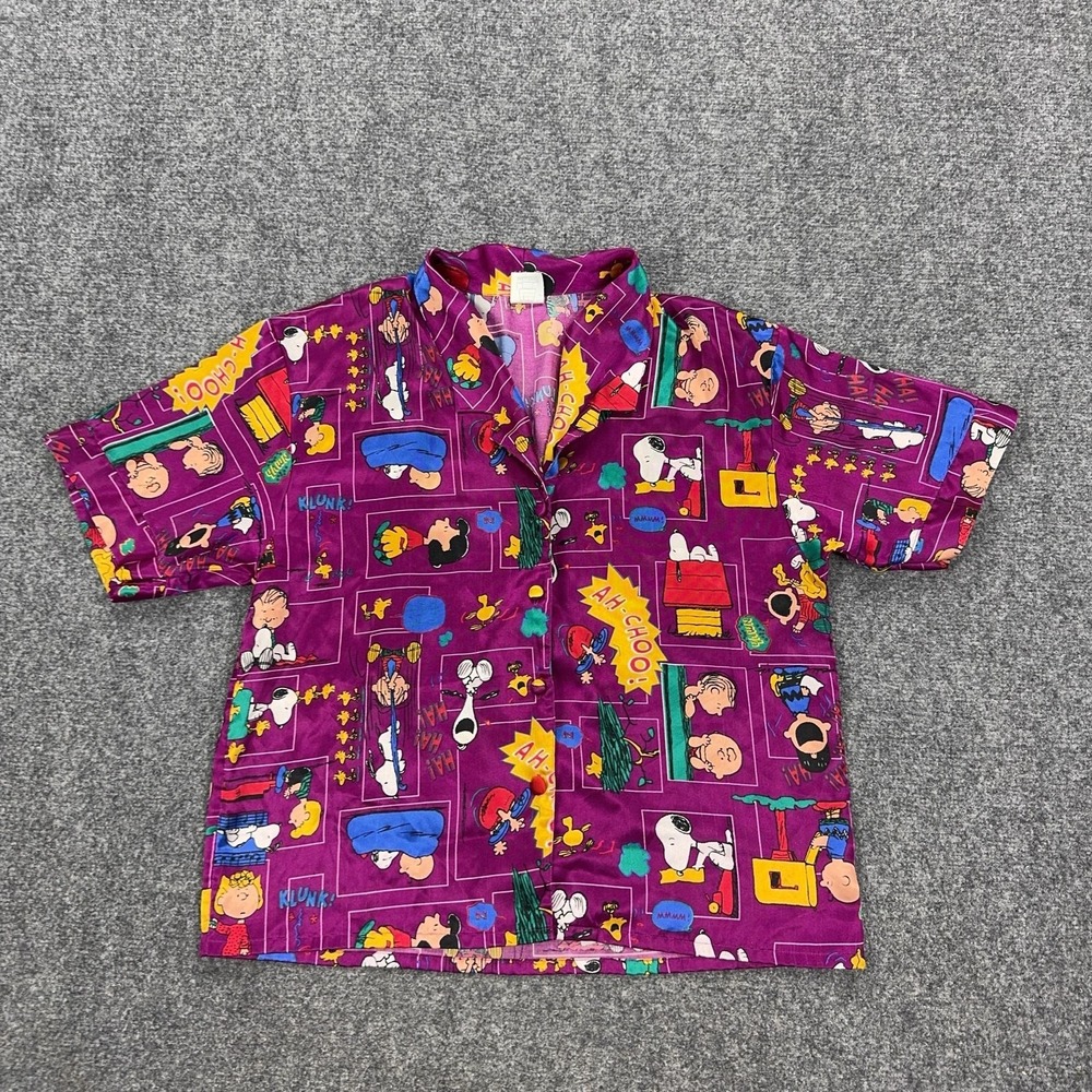 Vintage Peanuts Pajama Shirt Womens M Purple Snoopy Comic Graphic‎ Button Up